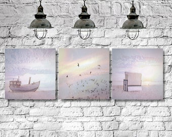 SOMMERABEND AM MEER Maritimes Triptychon auf Holz Leinwand Kunstdruck Ostsee Möwen Strandkorb Boot Shabby Chic Vintage Style handmade kaufen