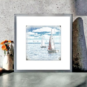 maritmes wandbild segeltörn segelboote als holzbild, leinwandbild, fineartprint ungerahmt. wanddeko geschenk handmade im rustikalen landhausstil, shabby chic, vintage style günstig kaufen. ostsseliebe, meer, sommer, blauer himmel