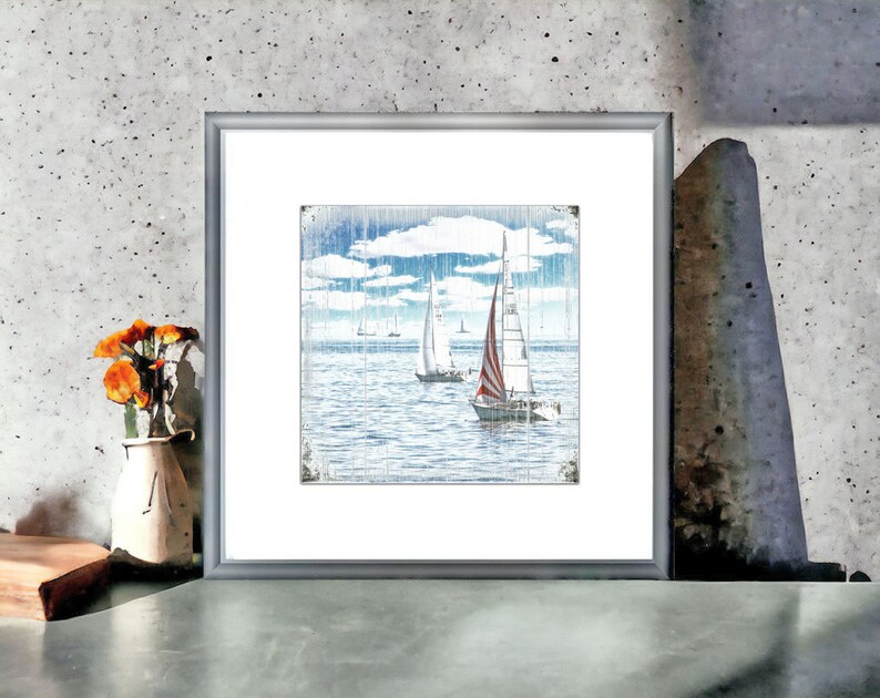 maritmes wandbild segeltörn segelboote als holzbild, leinwandbild, fineartprint ungerahmt. wanddeko geschenk handmade im rustikalen landhausstil, shabby chic, vintage style günstig kaufen. ostsseliebe, meer, sommer, blauer himmel