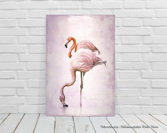 PINK FLAMINGOS wall picture on wooden canvas art print poster gift wall decoration in country house style shabby chic vintage style birds buy cheaply