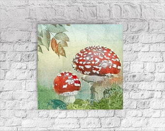 FLY MUSHROOMS wall picture on wood fine art print canvas picture wall decoration autumn time forest fruits country house style shabby chic vintage style