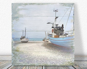 BOOTE AM STRAND Maritimes Wandbild auf Holz Leinwandbild Kunstdruck FischerBoot Schiffe Küste Meer Landhausstil Shabby Chic Vintage Style