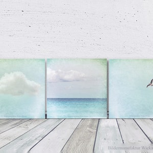 Maritimes Triptychon FERNE auf Holz Leinwand Print Meer Himmel Wolken Horizont Möwe Wanddeko Landhausstil Shabby Chic Vintage Style kaufen