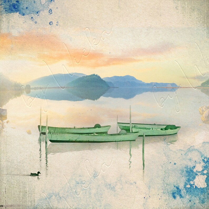 BOATS AT SEA romantic landscape picture on wooden canvas fine art print gift wall decoration country house style shabby chic vintage style image 8