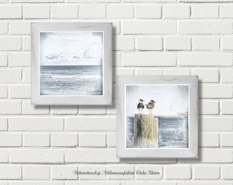 MEERWEH DUO Maritime picture on wooden canvas art print sea Baltic Sea North Sea seagulls wall decoration country house style vintage style shabby chic buy