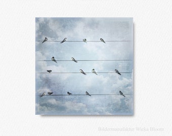 SWALLOWS ON WIRE ROPE wall picture on wooden canvas art print birds clouds wall decoration country house style shabby chic vintage style handmade