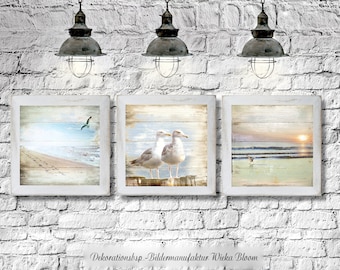 Maritimes STRANDLÄUFER Triptychon Set auf Holz Leinwand Kunstdruck Möwen Meer Strand Sonnenuntergang Wanddeko Bild Vintage Style Shabby Chic