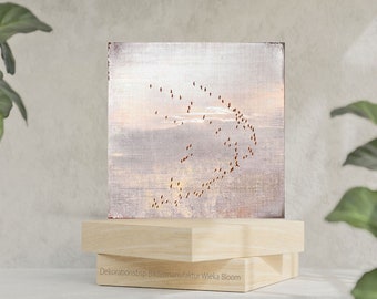 GRUES DANS LE CIEL DU SOIR Image sur toile en bois Impression d'art Oiseaux Nuage Coucher de soleil Décoration murale Style maison de campagne Style shabby chic vintage