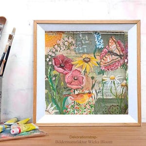 FLOWERS Sommerzeit, Wandbild Blumen mit Vogel im Mixed Media, Patchwork Blumendeko im Landhausstil als Leinwandbild, Kunstdruck, Holzdruck