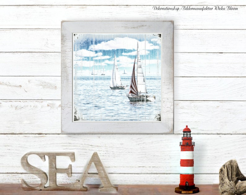 maritmes wandbild segeltörn segelboote als holzbild, poster, kunstdruck. wanddeko geschenk handmade im rustikalen landhausstil, shabby chic, vintage style günstig kaufen. ostsseliebe, meer, sommer, blauer himmel