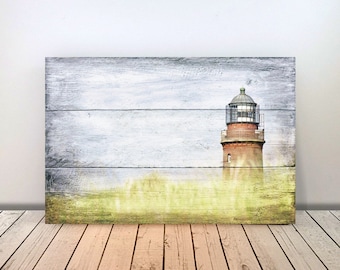 LIGHTHOUSE wall picture in maritime country house style on wood canvas picture art print Baltic Sea dunes summer shabby chic vintage style rustic buy