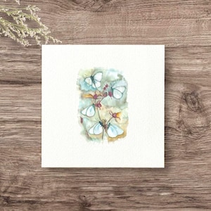MINIS Schmetterlige auf Blüten, Miniatur Kunstdruck Giclèedruck auf Büttenpapier, Wandbild nach handgemaltem Aquarell im minimalistisch Stil
