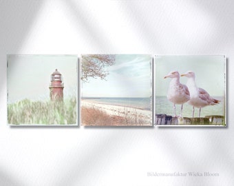 DARßER SOMMER Maritimes Triptychon auf Holz Leinwand Print Ostsee Meer Dünen Küste Möwen Leuchtturm Wanddeko Bild Shabby Chic Vintage Style