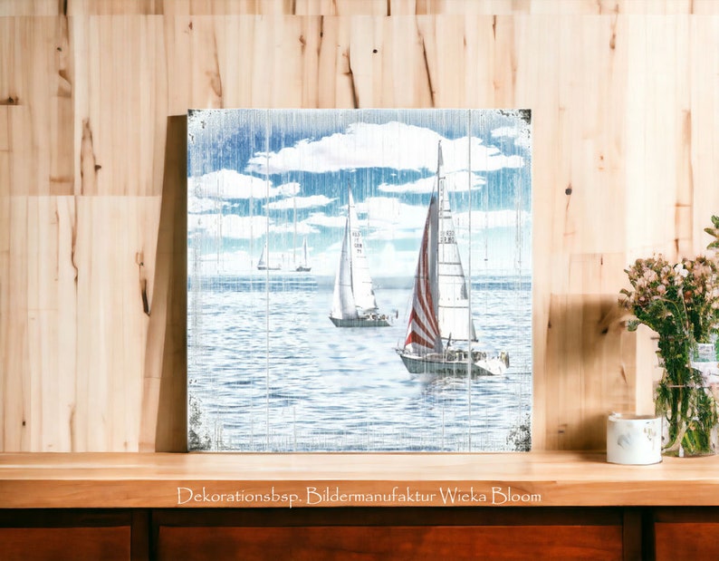 maritmes wandbild segeltörn segelboote als holzbild, leinwandbild, kunstdruck. wanddeko geschenk handmade im rustikalen landhausstil, shabby chic, vintage style günstig kaufen.