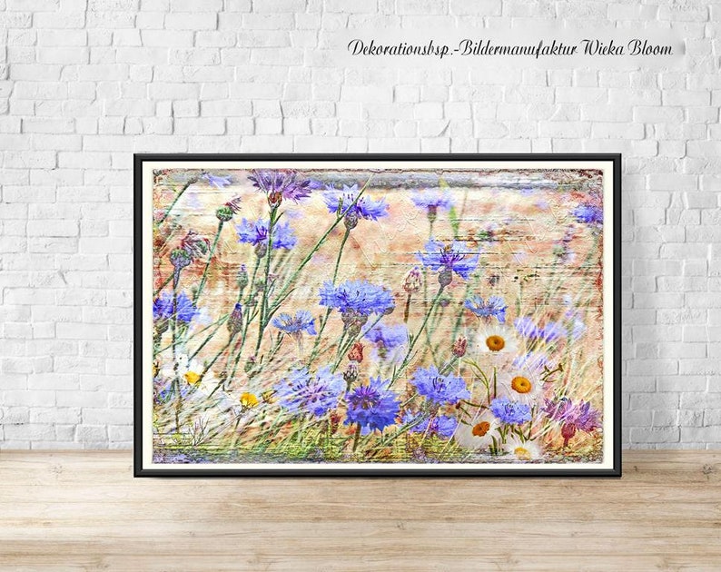 Blue CORNFLOWERS wall picture on wooden canvas art print summer flowers flower meadow wall decoration country house style Shabby Chic VintageArt buy cheaply image 5