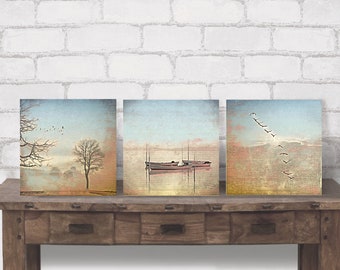 Paysages AUTOMNE HUMEUR Image sur toile en bois Impression Brouillard Lever du soleil Oiseaux Arbres Bateaux Lac Maison de campagne Style Shabby Chic Style vintage