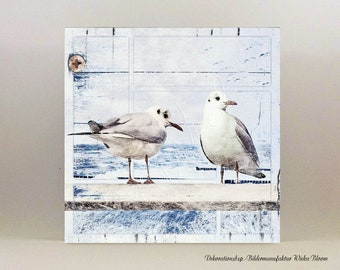 SEAGULLS BY THE SEA Maritime wall picture on wood canvas art print sea summer time wall decoration rustic country house style vintage style shabby chic