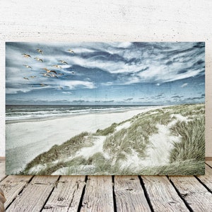 Maritimes Wandbild STRANDSICHTEN auf Holz Leinwand Kunstdruck Ostsee Meer Wellen Küste Wolken Wanddeko Landschaft Vintage Style Shabby Chic