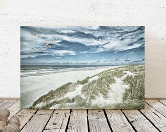 Maritime picture BEACH VIEWS on wooden canvas art print Baltic Sea sea waves coast clouds wall decoration landscape vintage style shabby chic