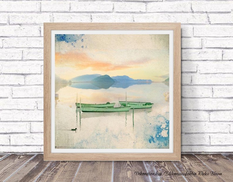 BOATS AT SEA romantic landscape picture on wooden canvas fine art print gift wall decoration country house style shabby chic vintage style image 4