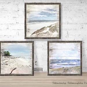 KÜSTENANSICHTEN Maritime Wandbilder Triptychon auf Holz Leinwandbild Kunstdruck Ostsee Meer  Steilküste Wanddeko Bild Shabby Chic Vintage
