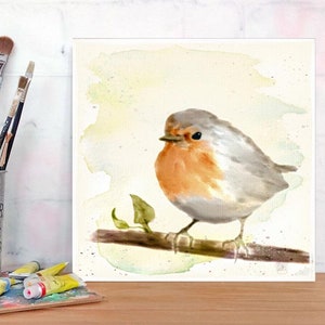 LITTLE ROBIN wall picture on wooden canvas fine art print poster bird nature country house style pastel watercolor picture hand painted buy cheap image 1