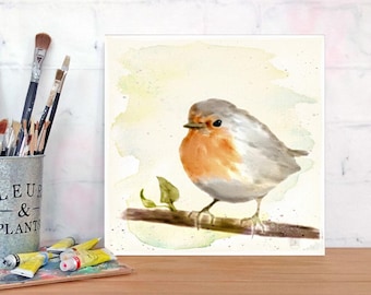 LITTLE ROBIN wall picture on wooden canvas fine art print poster bird nature country house style pastel watercolor picture hand painted buy cheap