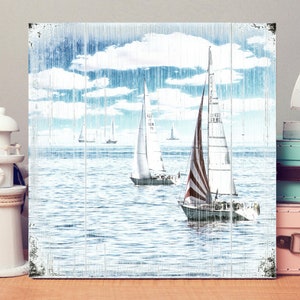 maritmes wandbild segeltörn segelboote als holzbild, bild auf holz. wanddeko geschenk handmade im rustikalen landhausstil, shabby chic, vintage style günstig kaufen. ostsseliebe, meer, sommer, blauer himmel