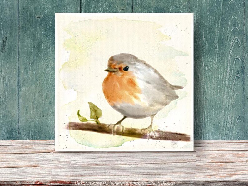 LITTLE ROBIN wall picture on wooden canvas fine art print poster bird nature country house style pastel watercolor picture hand painted buy cheap image 7