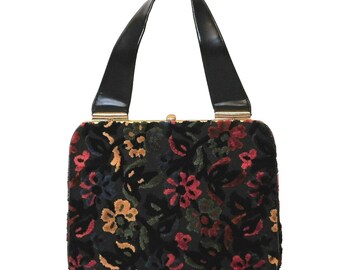 Vintage Women’s Handbag Chenille Floral Pattern Gold Accent Clasp Single Handle