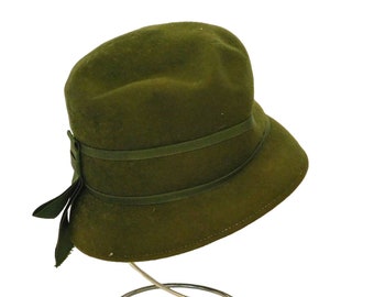 vintage Henry Pollak Glenover Cloche Hat Ruban Grosgrain Feutre Vert 100% Laine