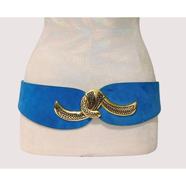 Vintage Genuine Blue Suede Leather Belt Art Deco Gold Buckle Womens 34 inch Adj