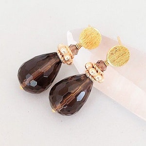 Smoky quartz earrings with ear studs 925 silver gold plated image 2