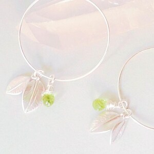 Hoop earrings Peridot & silver leaves, Boho earrings handmade, gift for women