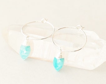 Boucles d'oreilles créoles avec gouttes d'Amazonite argent 925, petites boucles d'oreilles bohèmes en argent