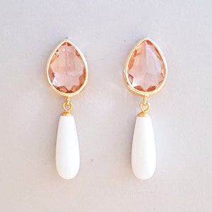 Crystal stud earrings with white gemstone drops, Elegant boho earrings with turquoise pendant