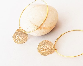 Gold hoop earrings with leaf pendant, boho earrings gold plated