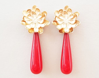 Blüten Ohrstecker gold & Shell Pearl Tropfen rot, Lange Ohrringe extravagant