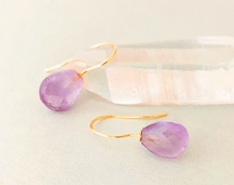 Boucles d'oreilles améthyste pierre précieuse briolette violet, boucles d'oreilles minimalistes argent 925 plaqué or