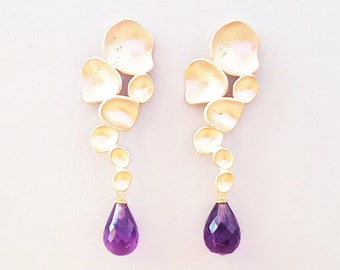 Gold stud earrings with amethyst briolettes, earrings with purple gemstone drops