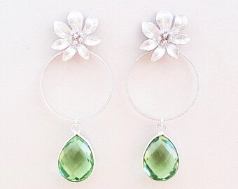 Orecchini lunghi con ametista verde, orecchini a fiore in argento con cerchio e pendente in pietra preziosa