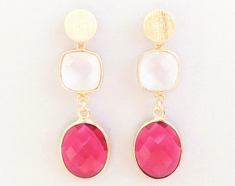 Boucles d'oreilles quartz rose et tourmaline rose avec clous d'oreilles argent 925 plaqué or