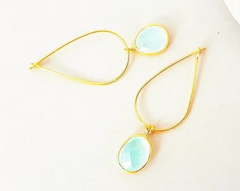 Chalcedony gemstone earrings 925 silver gold plated, minimalist jewelry