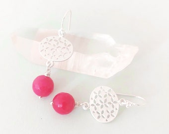 Boucles d'oreilles ornement jade argent rose