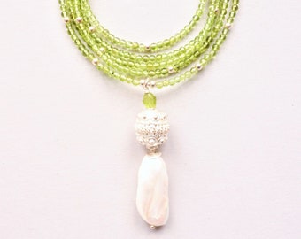 Peridot necklace 925 silver with Biwa pearl pendant, long exclusive gemstone necklace, unique jewelry handmade