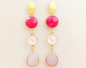 Boucles d'oreilles en quartz rose et calcédoine rose plaqué argent 925, longues boucles d'oreilles en pierres précieuses