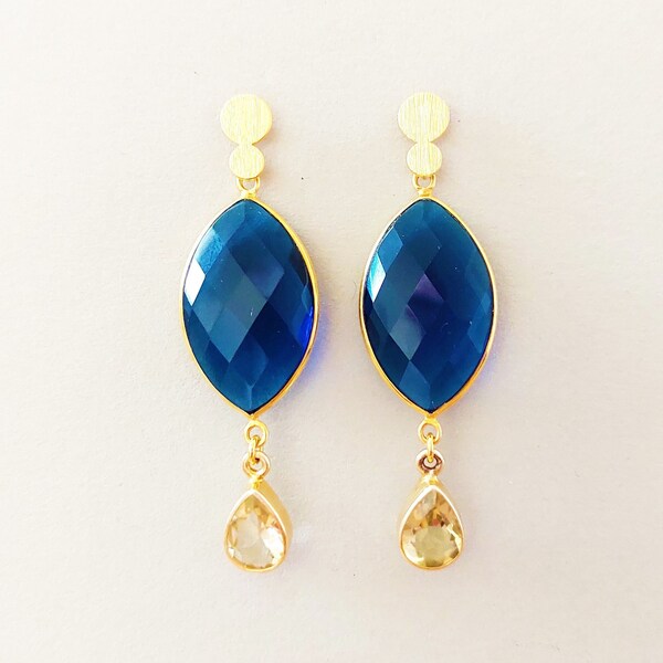 Gold stud earrings with blue quartz and citrine / unique gemstone earrings 925 silver gold plated