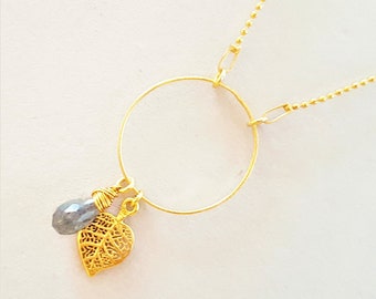 Gold Kette mit Labradorit Blatt Anhänger, Boho Halskette 925 Silber vergoldet, Unikat Schmuck für Frauen