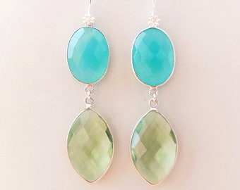 Boucles d'oreilles en argent 925 turquoise améthyste verte et calcédoine, boucles d'oreilles en pierres précieuses boho longues