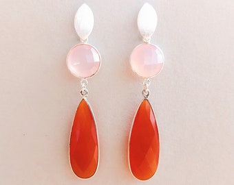 Boucles d'oreilles pierres précieuses argent 925 quartz rose calcédoine, bijoux design faits main